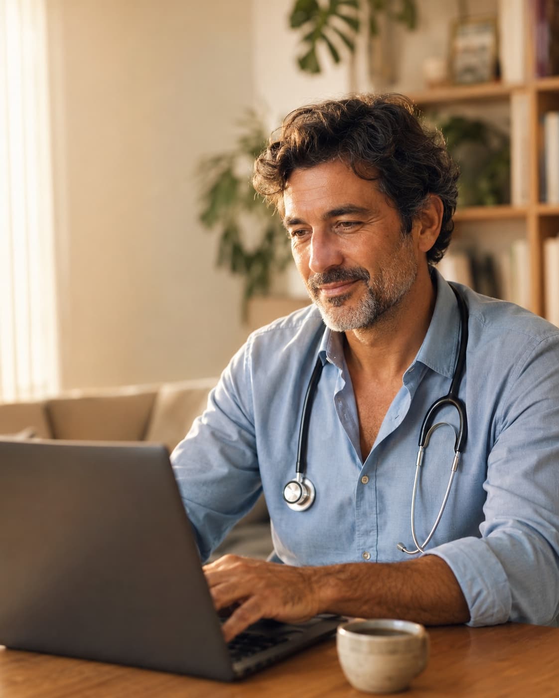 Professionista sanitario gestisce le richieste di visita a domicilio dal laptop